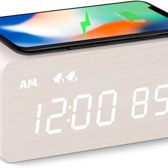 Other - Digital Wooden Alarm Clock with Wireless Charging, 0-100% Dimmer, Dual Alarm, We